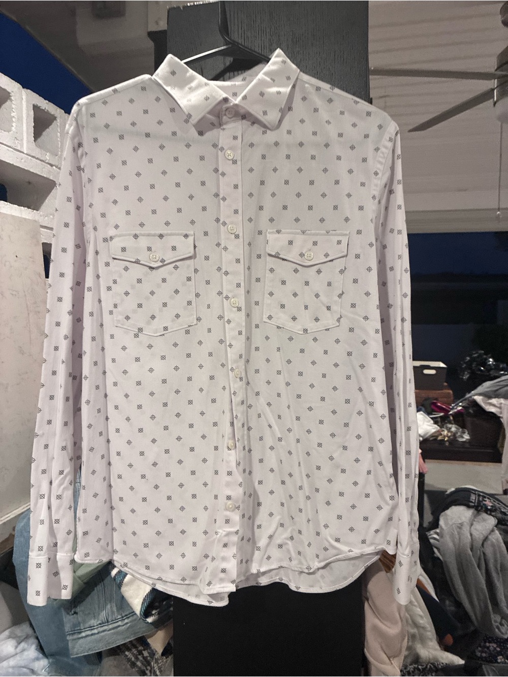 Express White Long-Sleeve Button-Down Shirt with Subtle Navy Geometric Print
